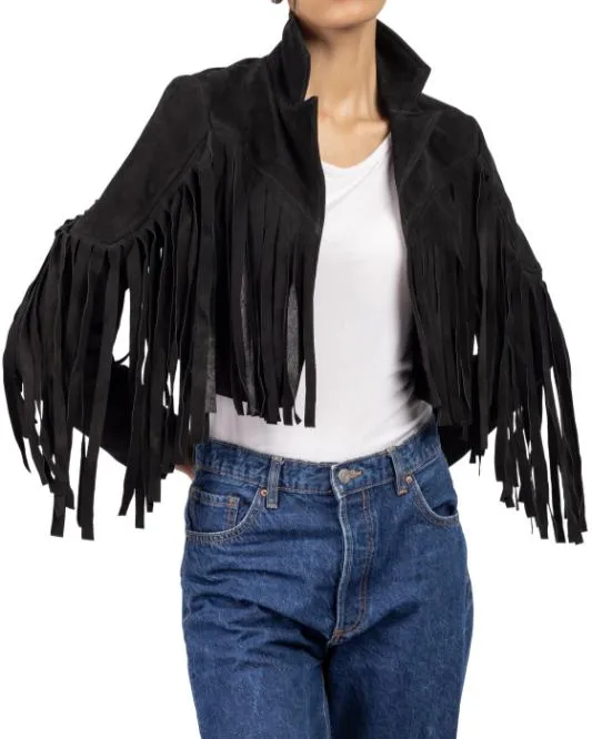 Women's Black Lambskin Suede Leather Jacket with Fringe Detailing