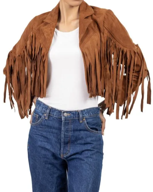 Women's Tan Lambskin Suede Leather Jacket with Fringe Detailing
