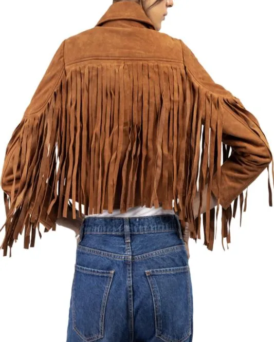 Women's Tan Lambskin Suede Leather Jacket with Fringe Detailing