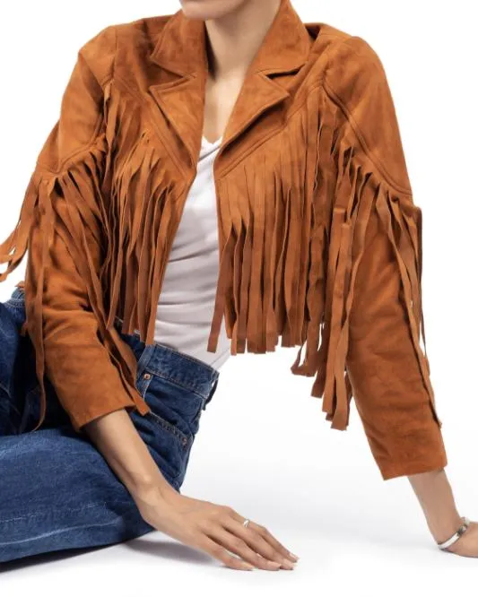 Women's Tan Lambskin Suede Leather Jacket with Fringe Detailing