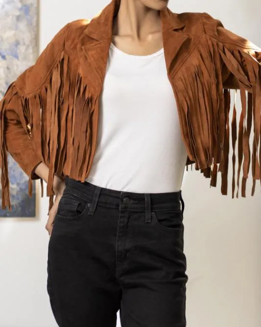 Women's Tan Lambskin Suede Leather Jacket with Fringe Detailing