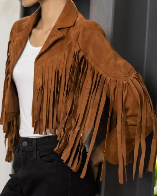 Women's Tan Lambskin Suede Leather Jacket with Fringe Detailing
