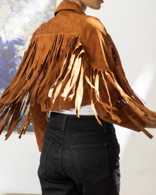 Women's Tan Lambskin Suede Leather Jacket with Fringe Detailing