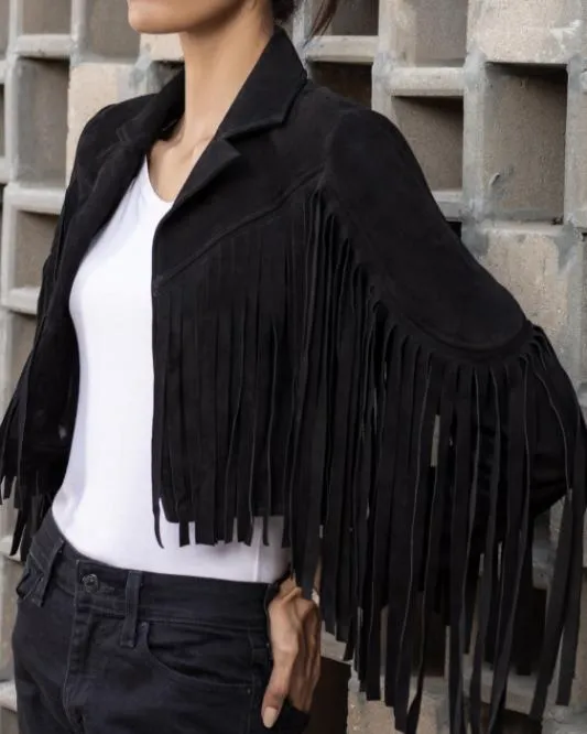 Women's Black Lambskin Suede Leather Jacket with Fringe Detailing