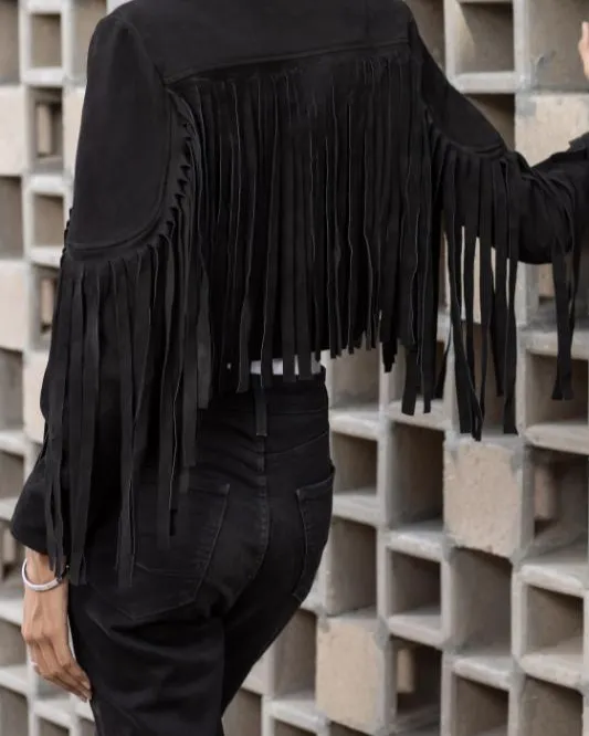 Women's Black Lambskin Suede Leather Jacket with Fringe Detailing