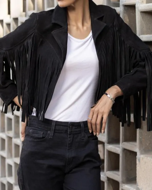 Women's Black Lambskin Suede Leather Jacket with Fringe Detailing