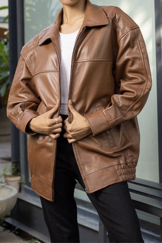 Womens Oversized Cognac Leather Jacket