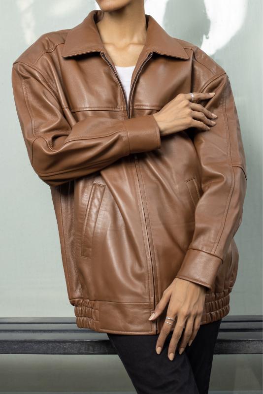 Womens Oversized Cognac Leather Jacket