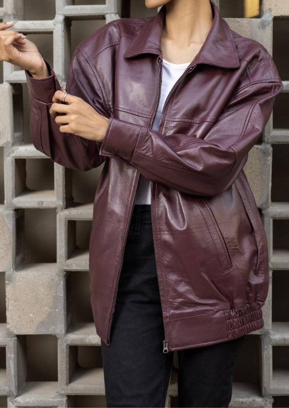 Womens Oversized Burgundy Leather Jacket