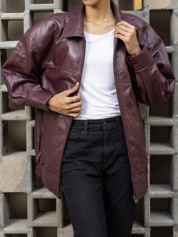 Womens Oversized Burgundy Leather Jacket