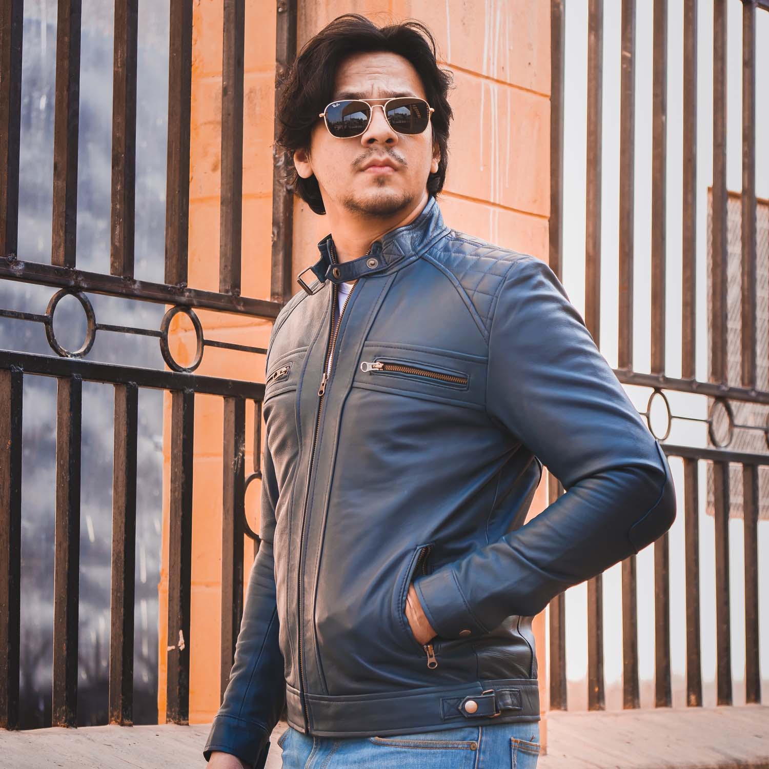 Mens Diamond Style Cafe Racer Blue Leather Jacket