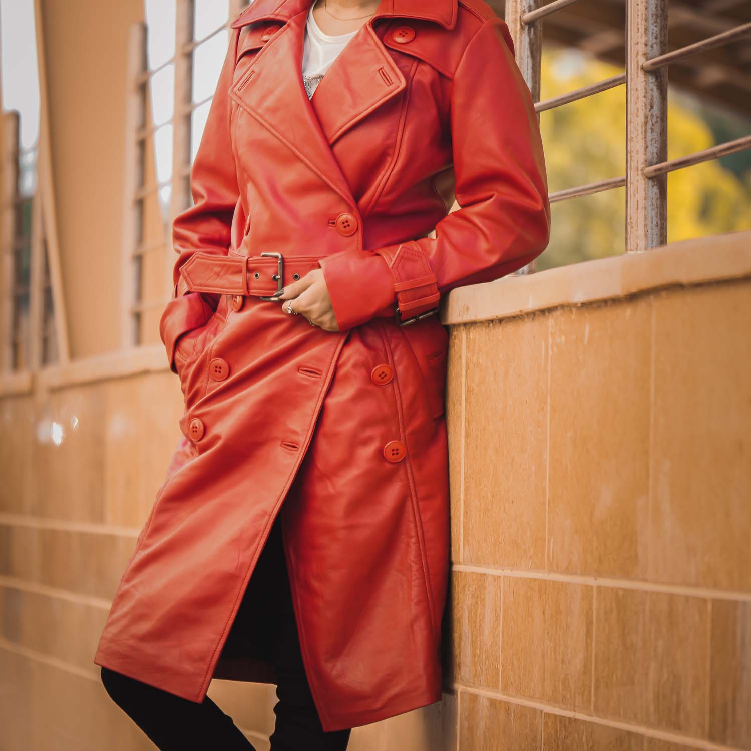 Women S Double Breasted Red Leather Trench Coat