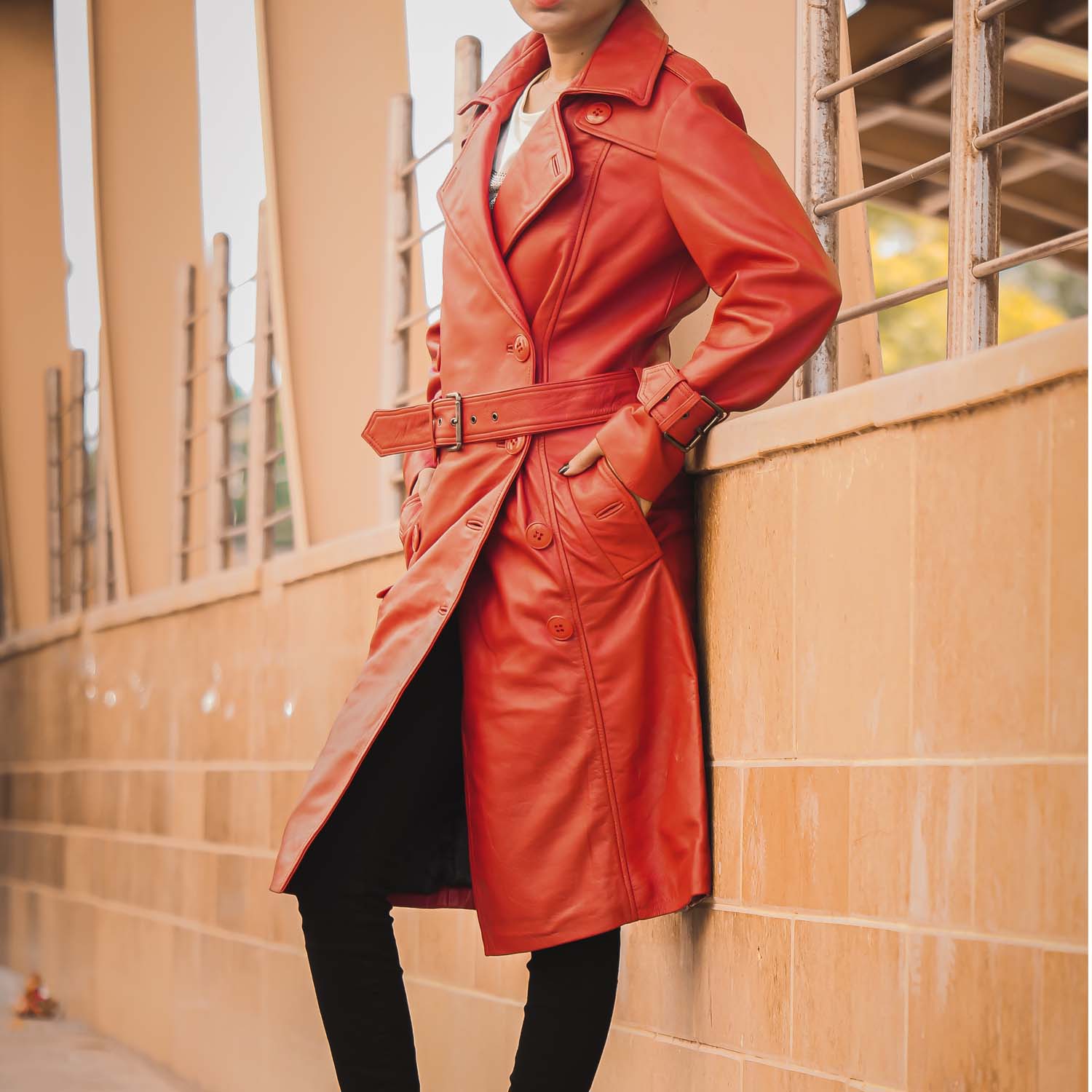 Women S Double Breasted Red Leather Trench Coat