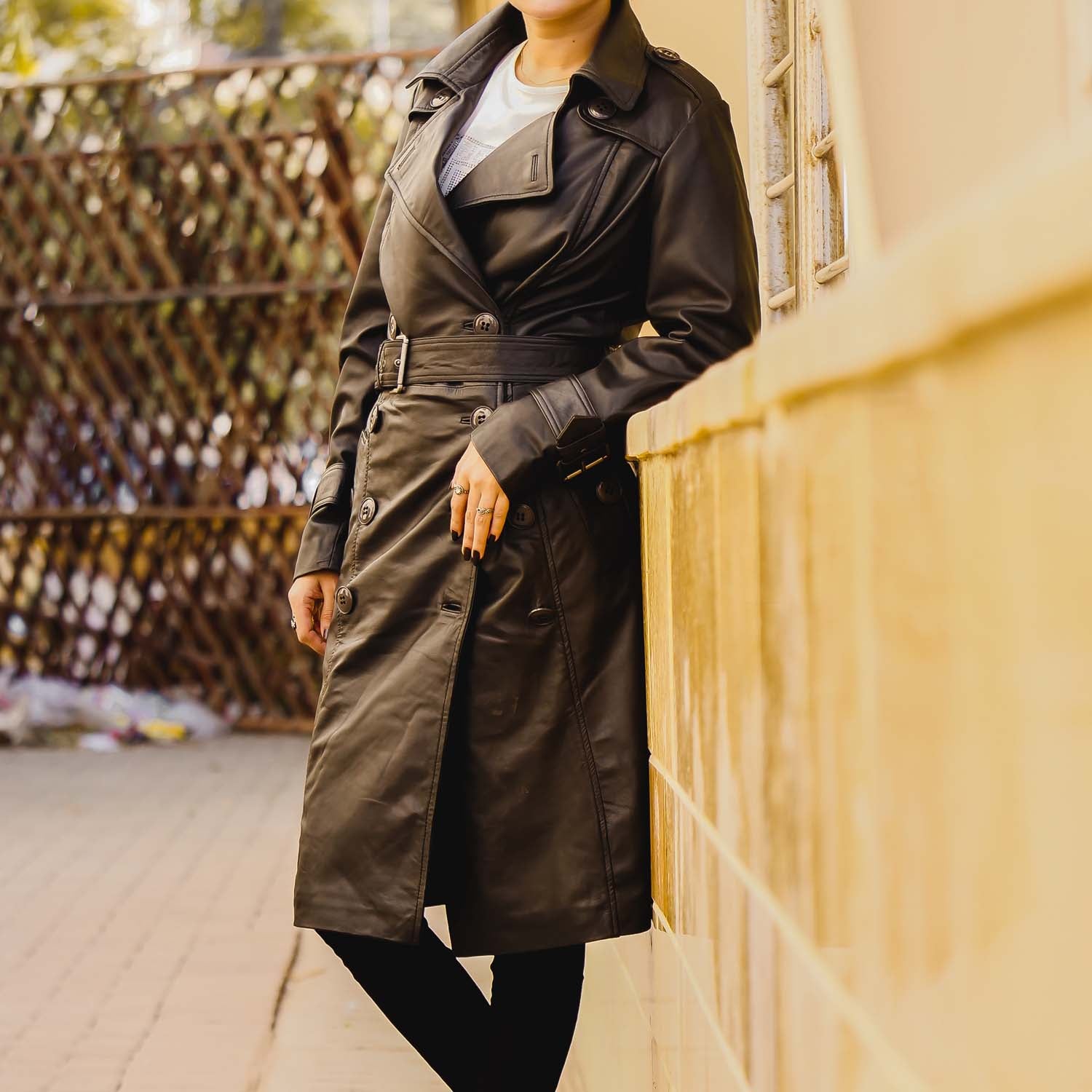 Women S Double Breasted Black Leather Trench Coat