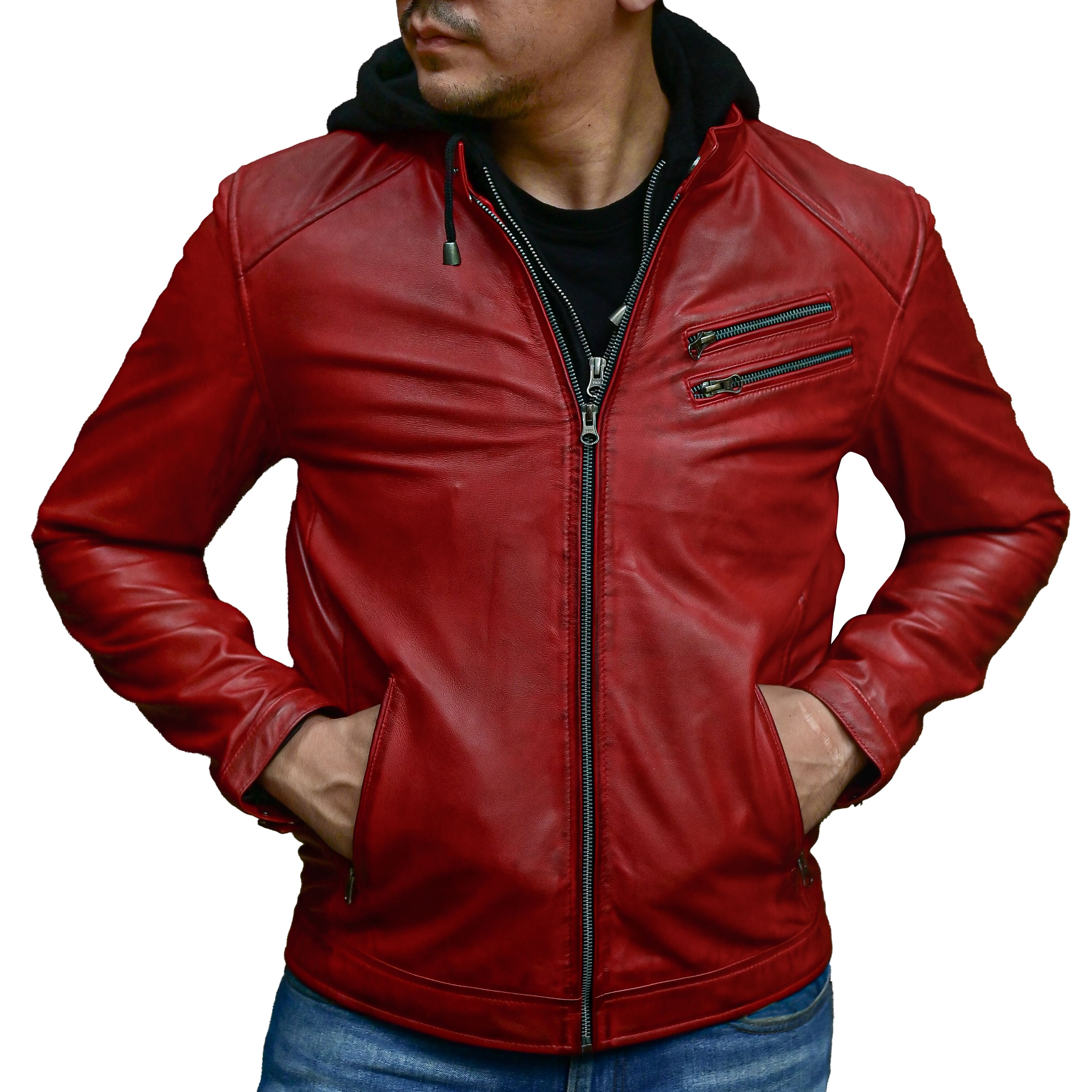 Jild Casual Hooded Vintage Leather Jacket Men with Removable Hood