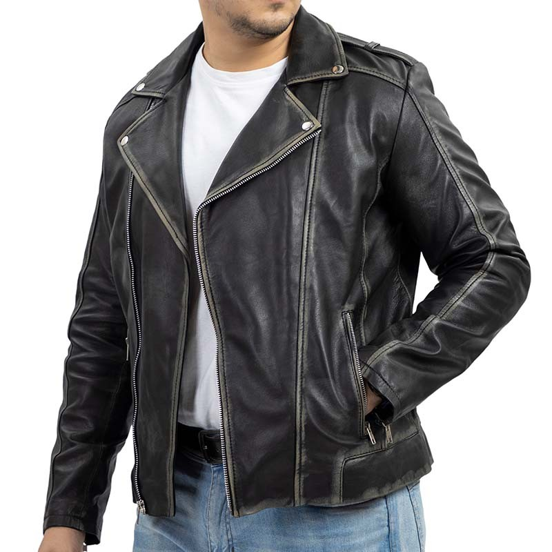Biker Style Vintage Leather Jacket Men Casual Fashion Asymmetric Zip Jildleather