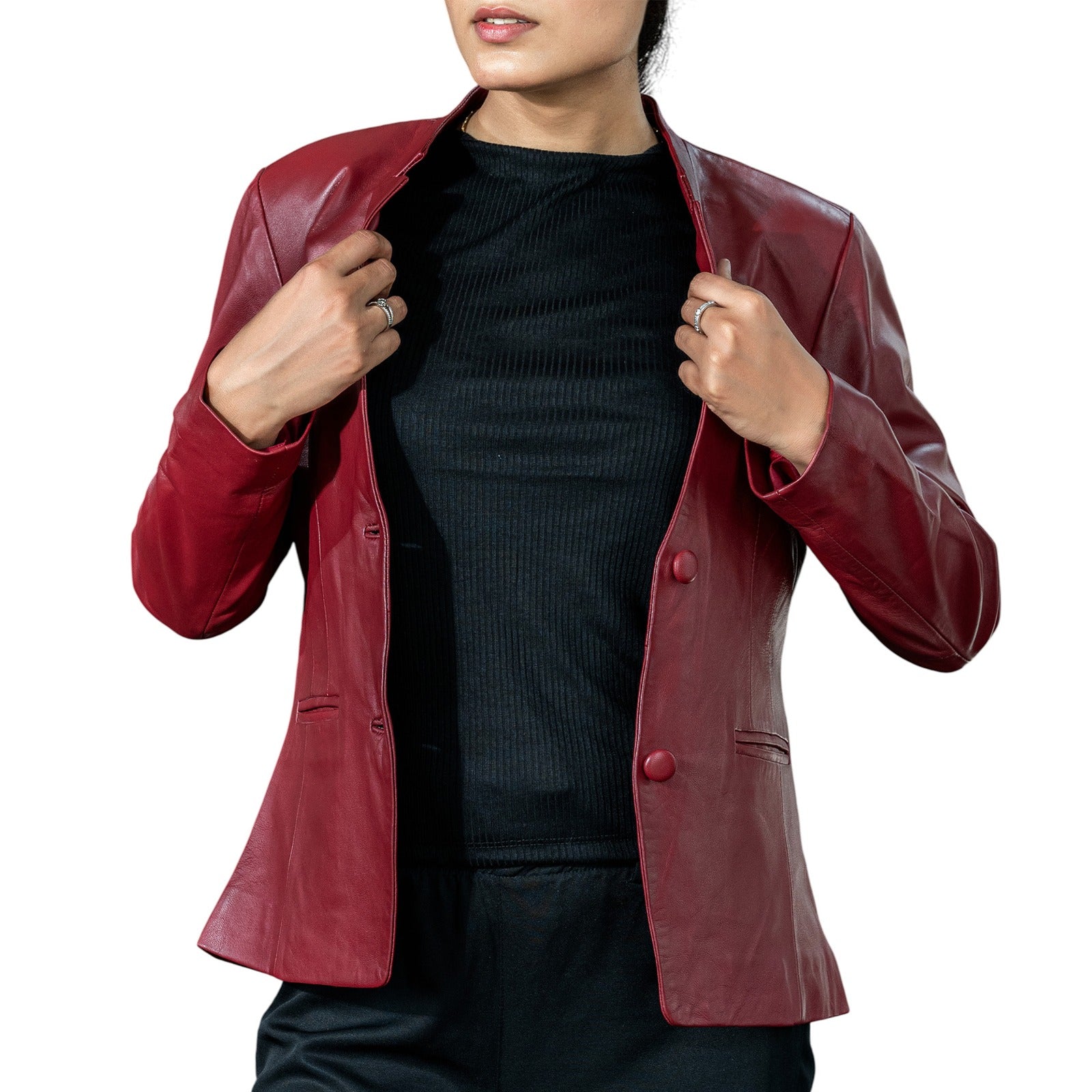 Mandarin Collar Genuine Leather Womens Coat