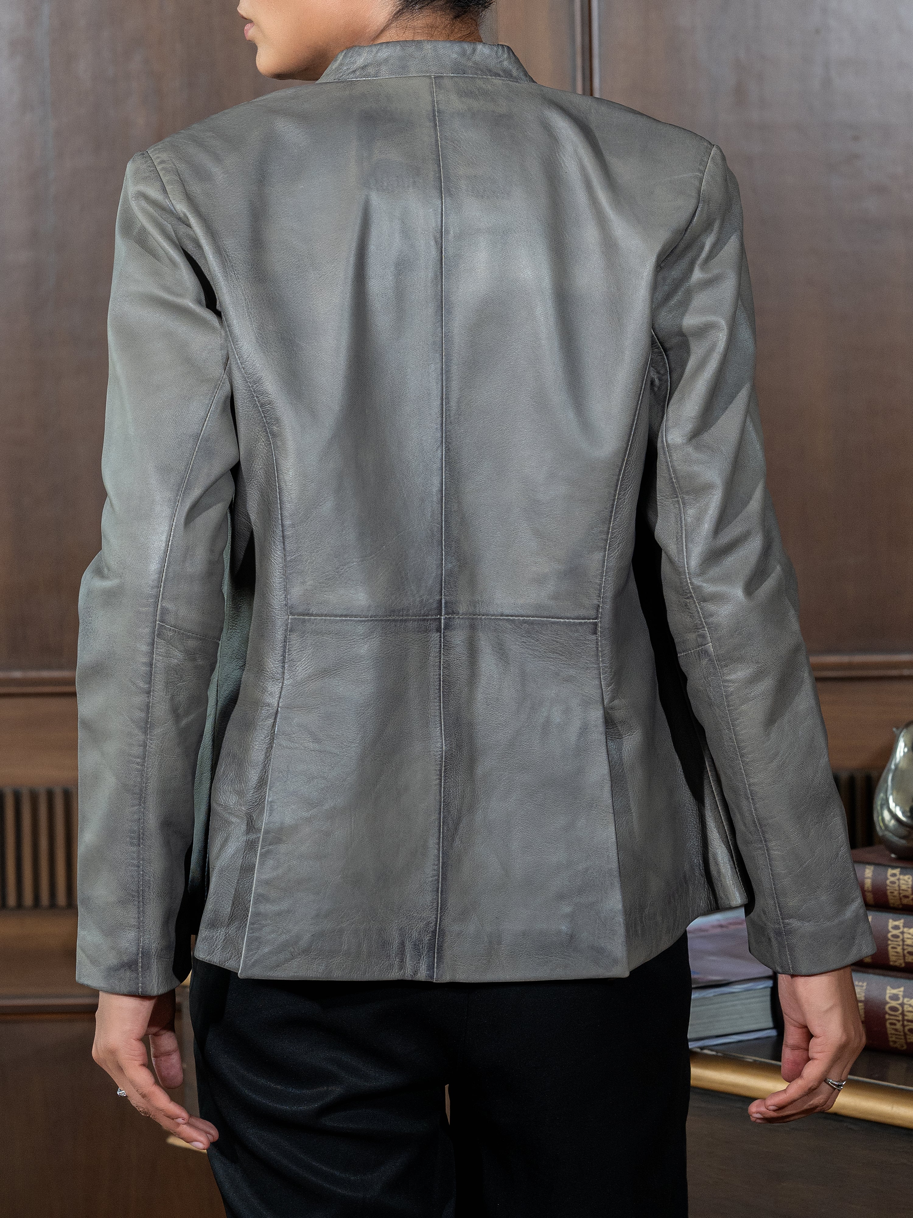 Mandarin Collar Genuine Leather Womens Coat