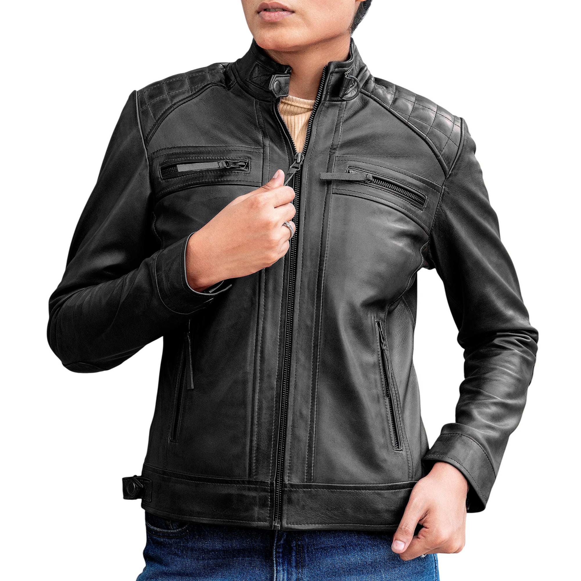 Women’s Quilted Lambskin Leather Jacket Cafe Racer Style