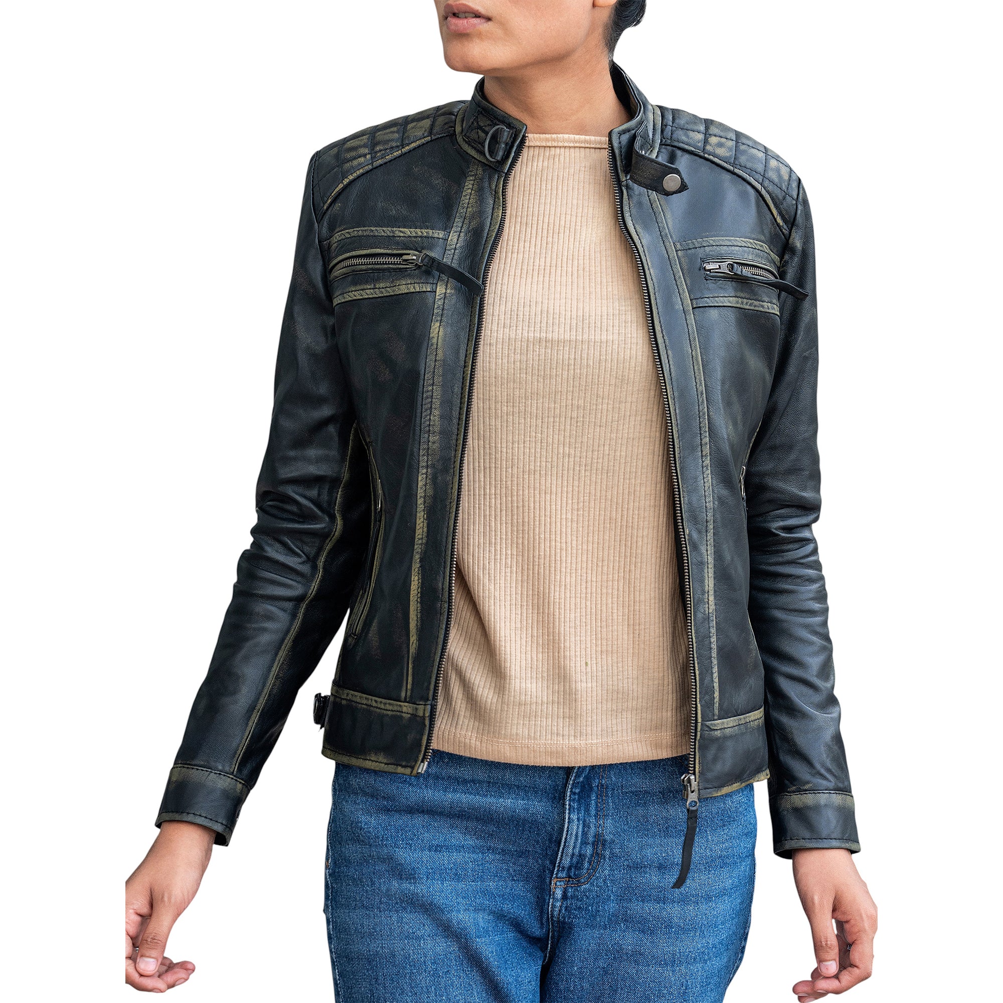 Women’s Quilted Lambskin Leather Jacket Cafe Racer Style