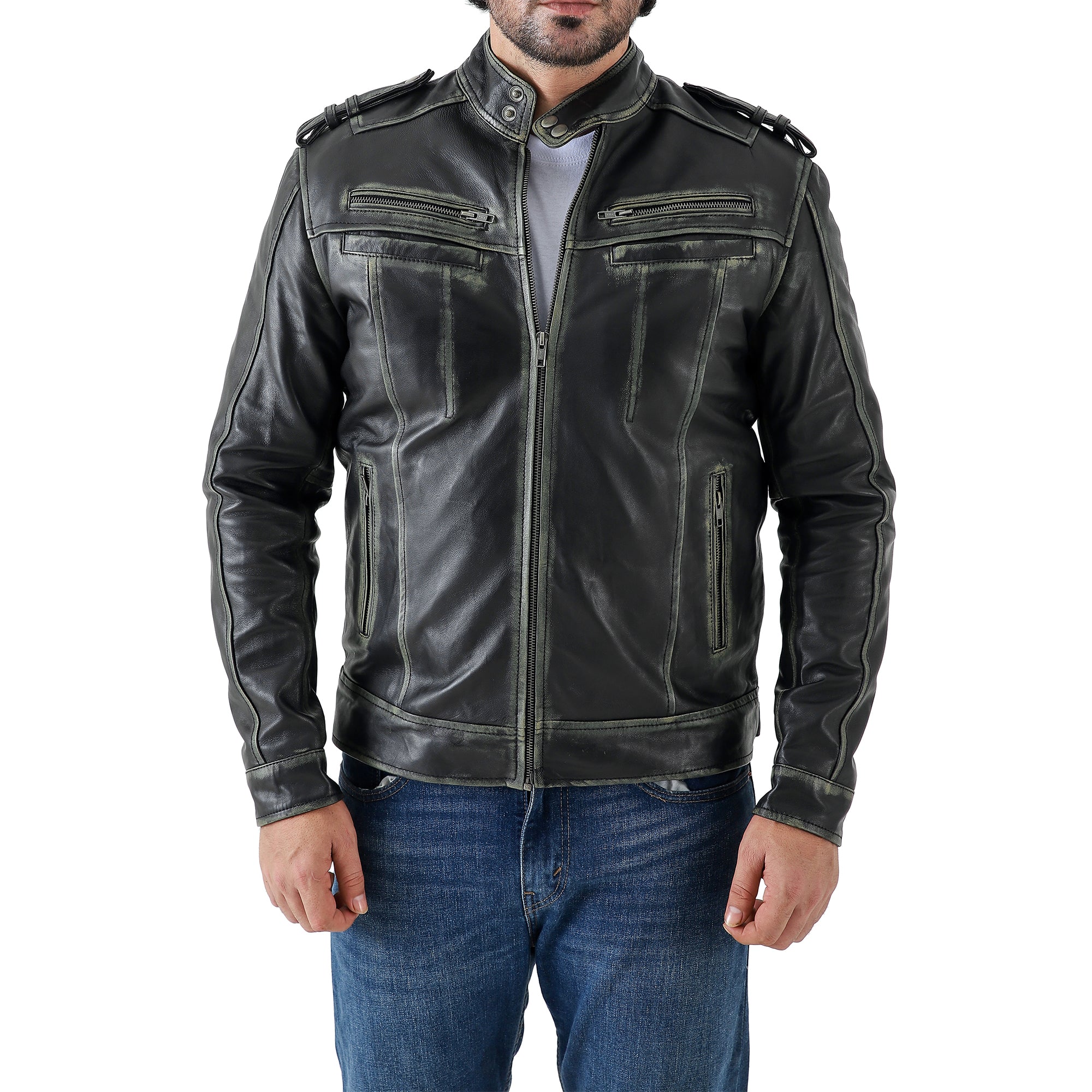 Men’s Waxed Leather Biker Jacket – Vintage Style with Shoulder Epaulettes