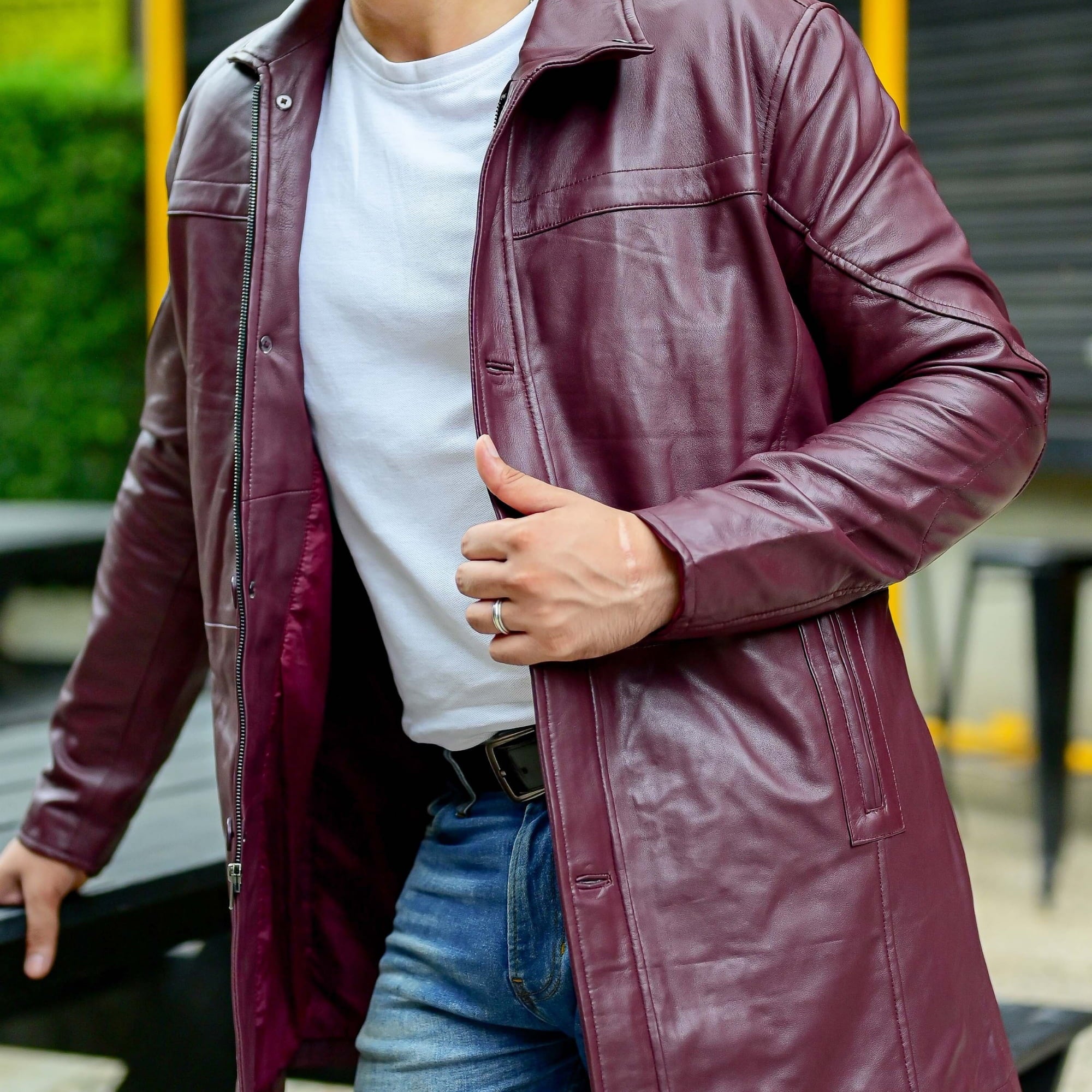 Jild 3/4 Length Trench Leather Car Coats for Men