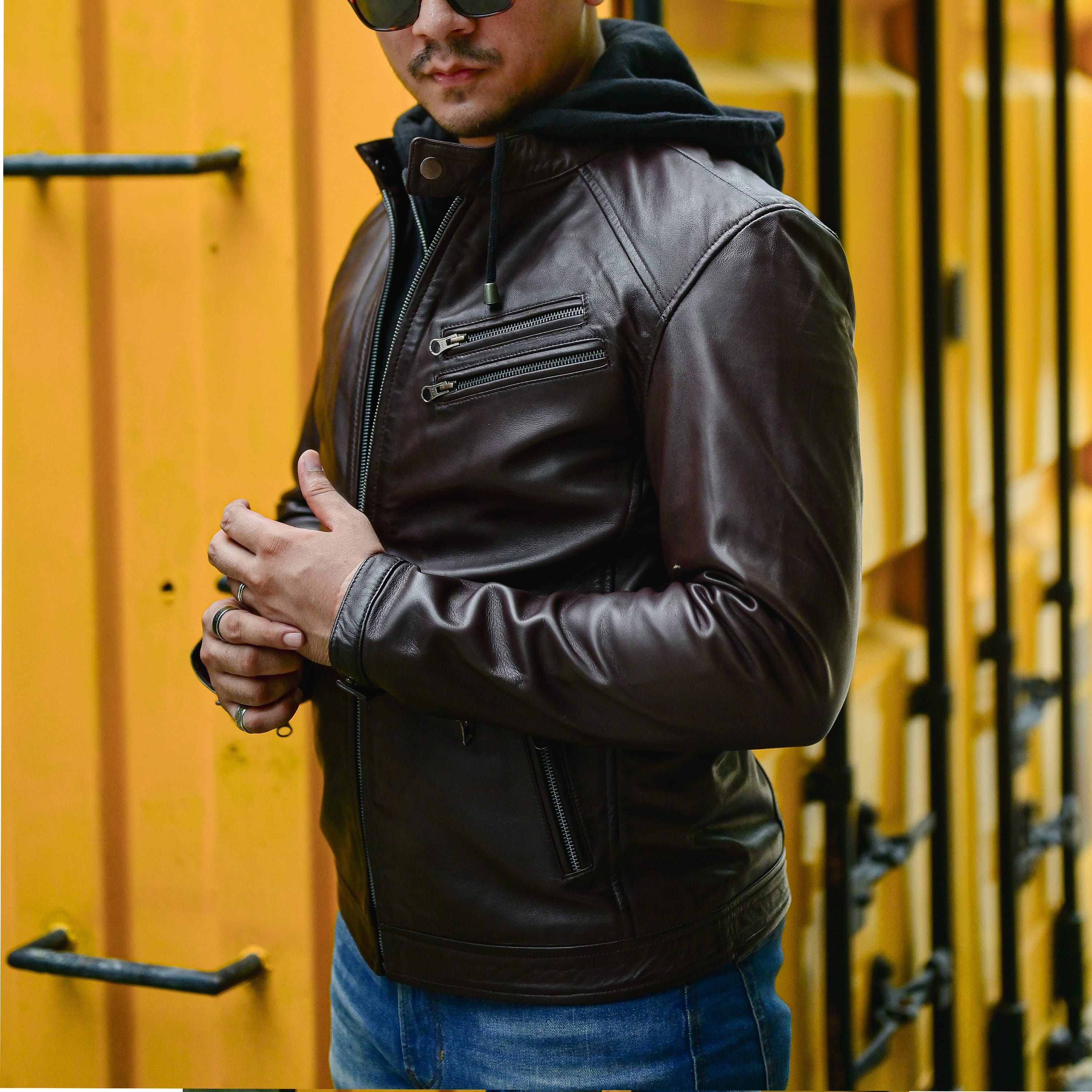 Jild Casual Hooded Vintage Leather Jacket Men with Removable Hood