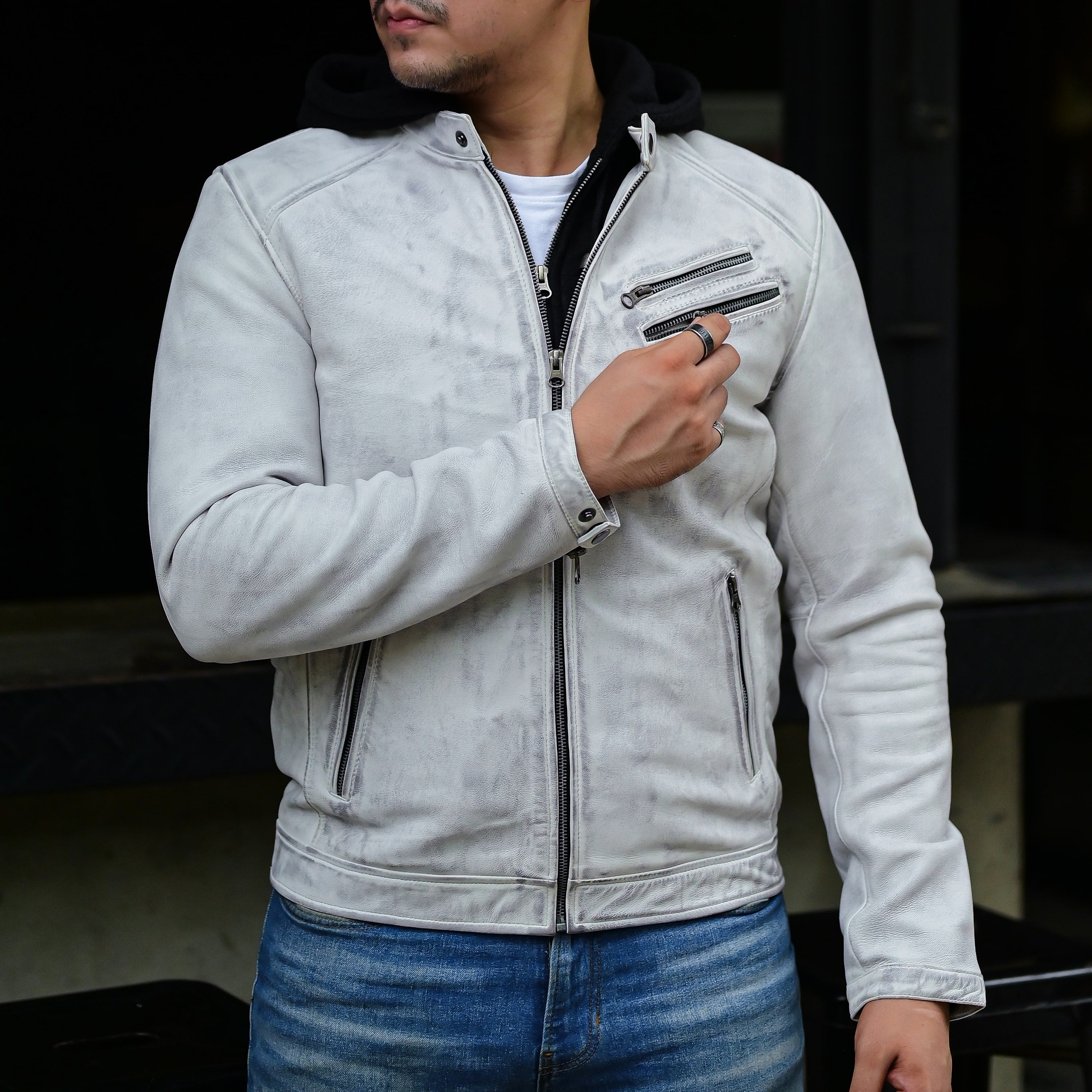 Jild Casual Hooded Vintage Leather Jacket Men with Removable Hood