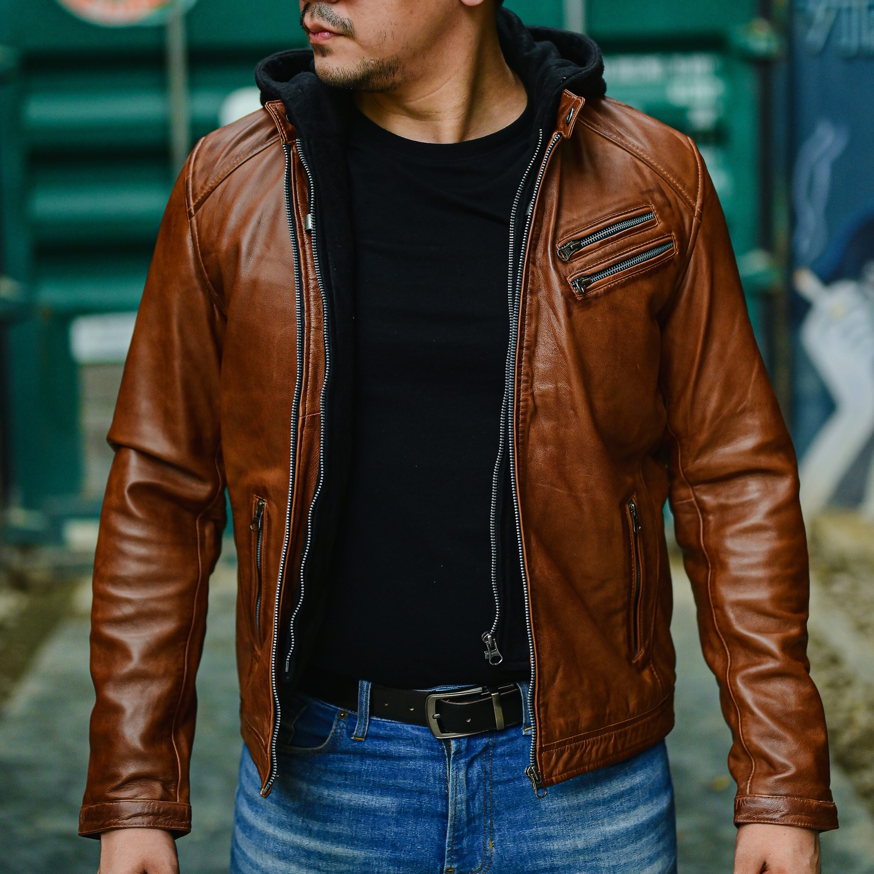 Jild Casual Hooded Vintage Leather Jacket Men with Removable Hood