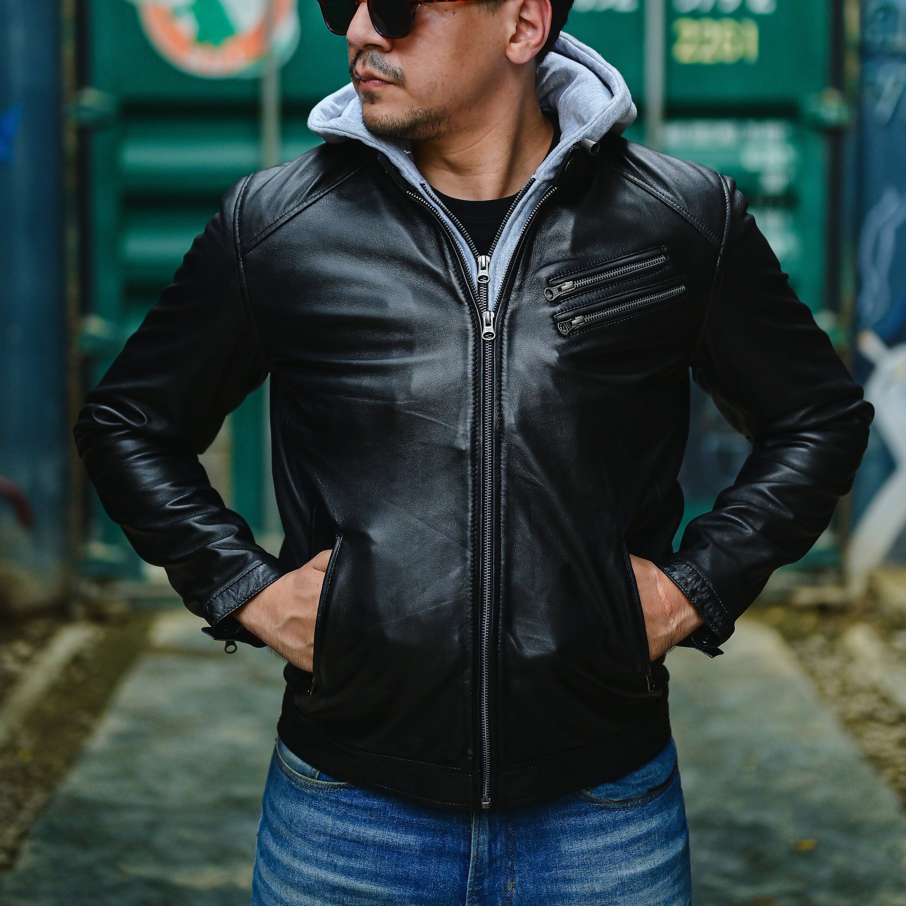 Jild Casual Hooded Vintage Leather Jacket Men with Removable Hood