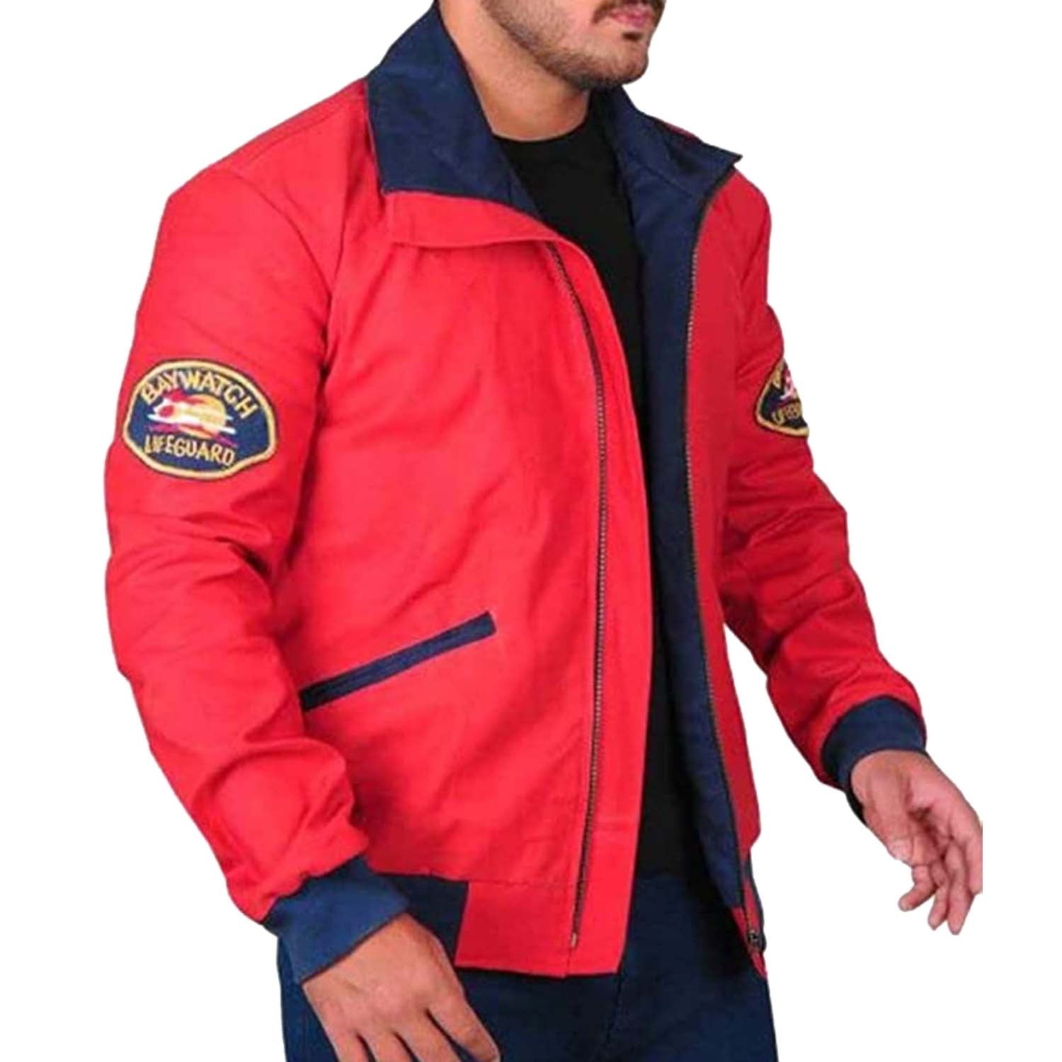 Mens Letterman David Hasselhoff Baywatch Lifeguard Beach Style Red Bomber Cotton Varsity Jacket