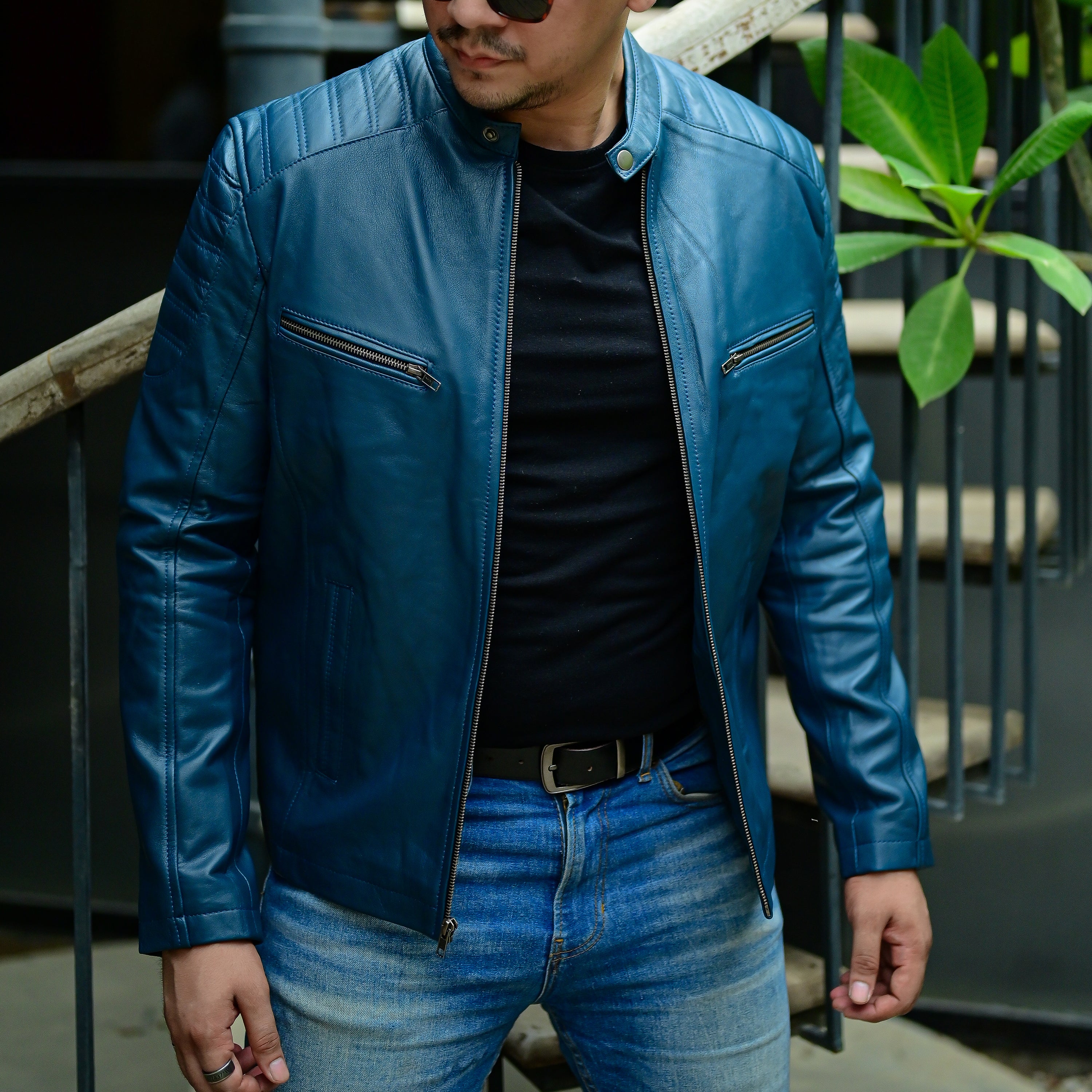 Jild Cafe Racer Leather Jacket for Men Navy Blue