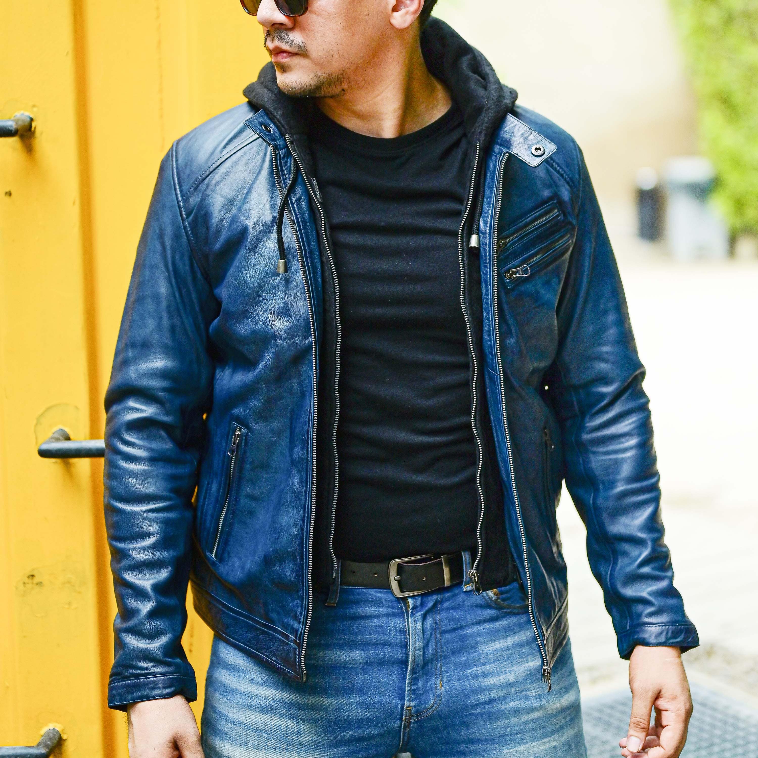 Jild Casual Hooded Vintage Leather Jacket Men with Removable Hood