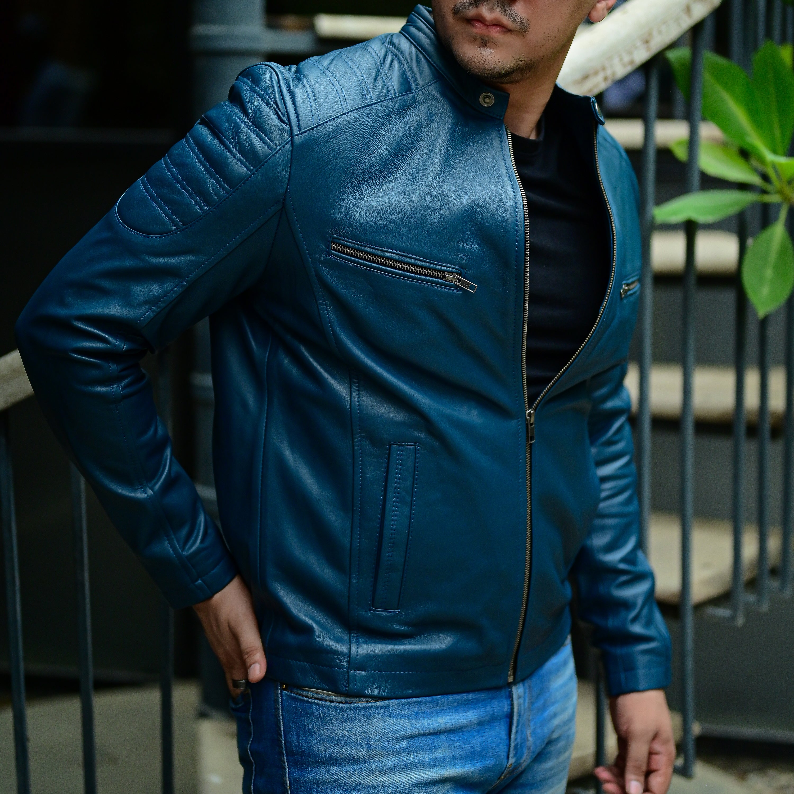Jild Cafe Racer Leather Jacket for Men – Classic Navy Blue