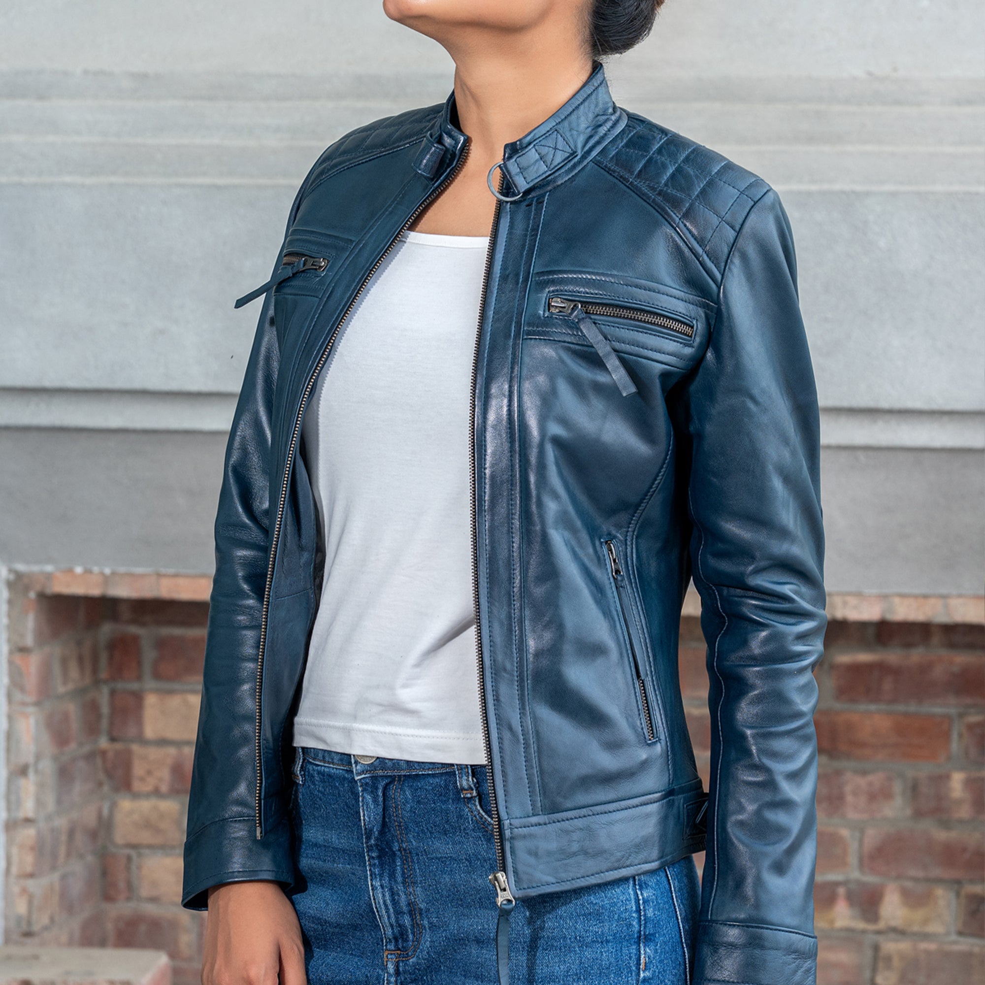 Women’s Quilted Lambskin Leather Jacket Cafe Racer Style