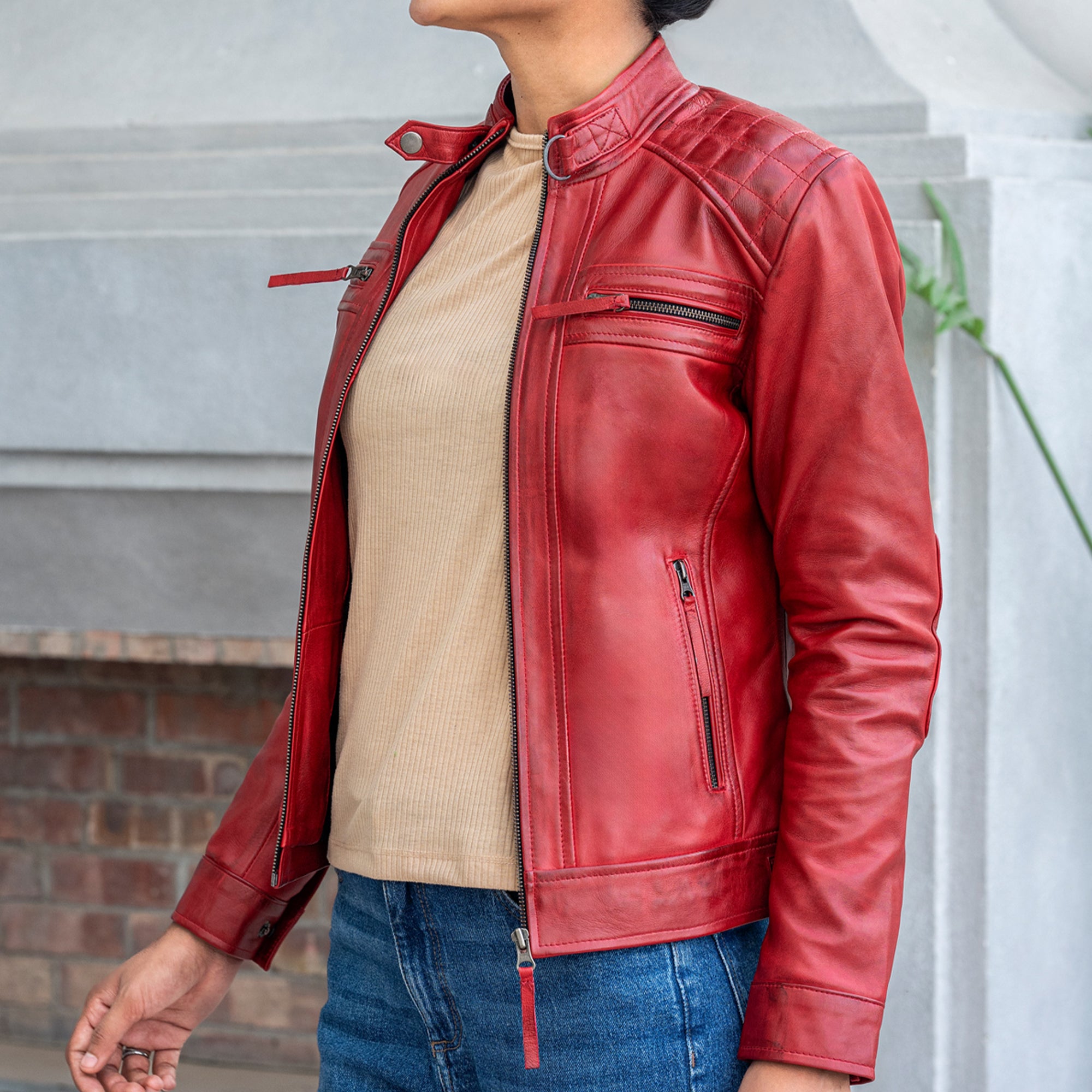 Women’s Quilted Lambskin Leather Jacket Cafe Racer Style