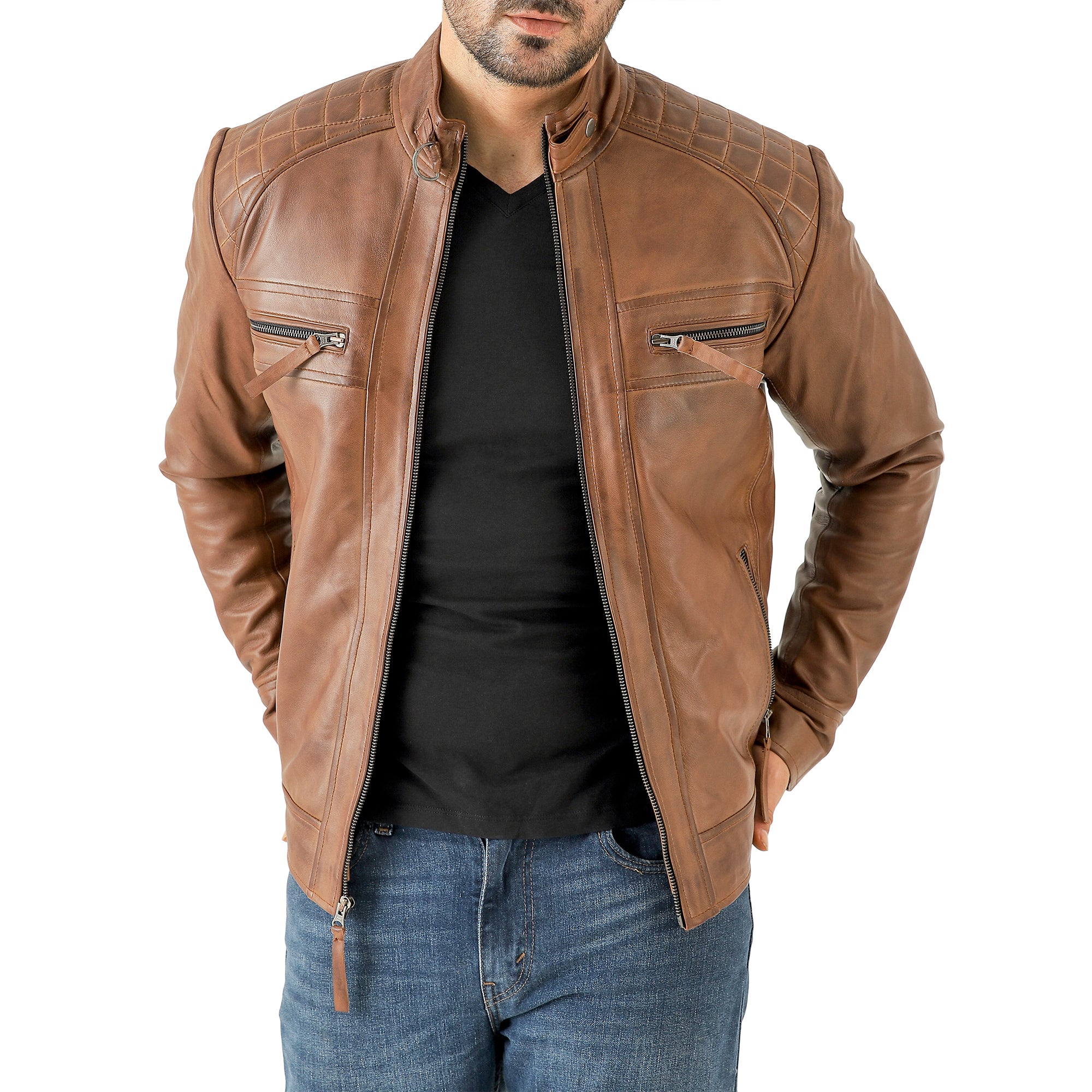 Men’s Vintage Brown Diamond Lambskin Waxed Leather Biker Jacket