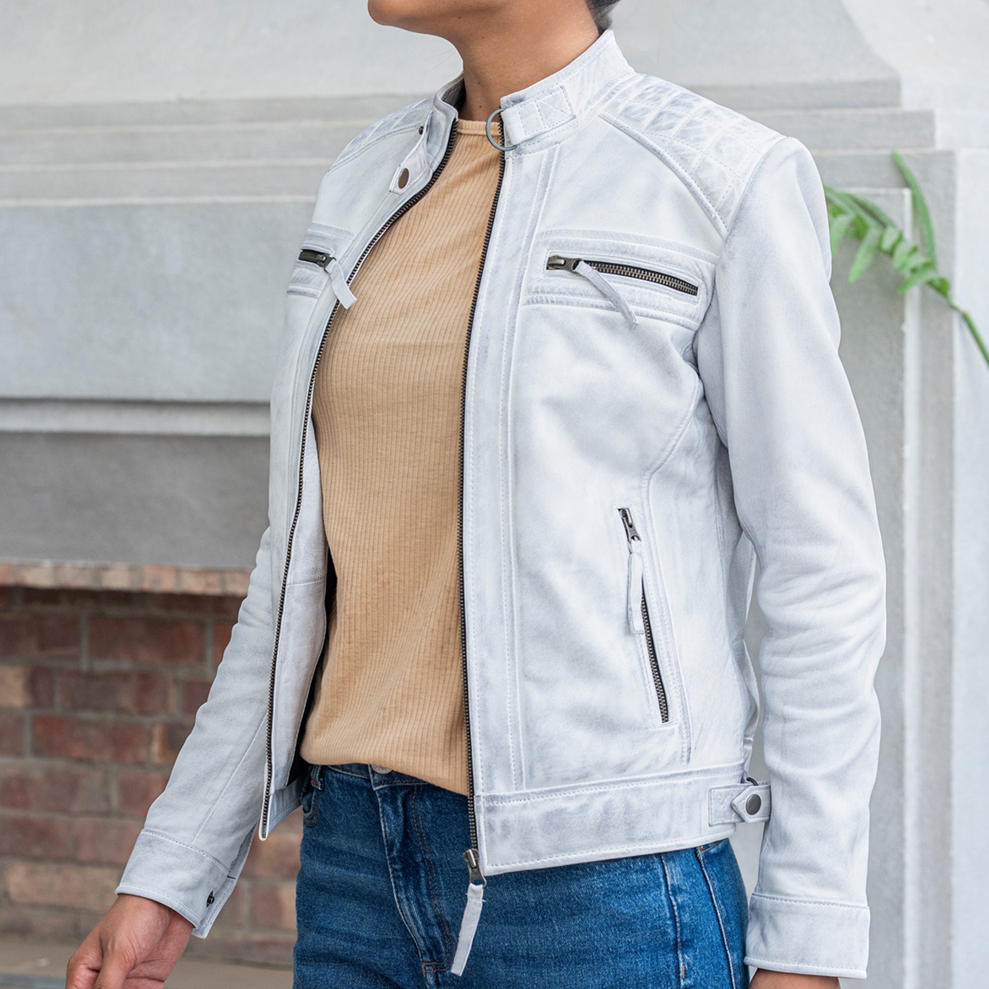 Women’s Quilted Lambskin Leather Jacket Cafe Racer Style