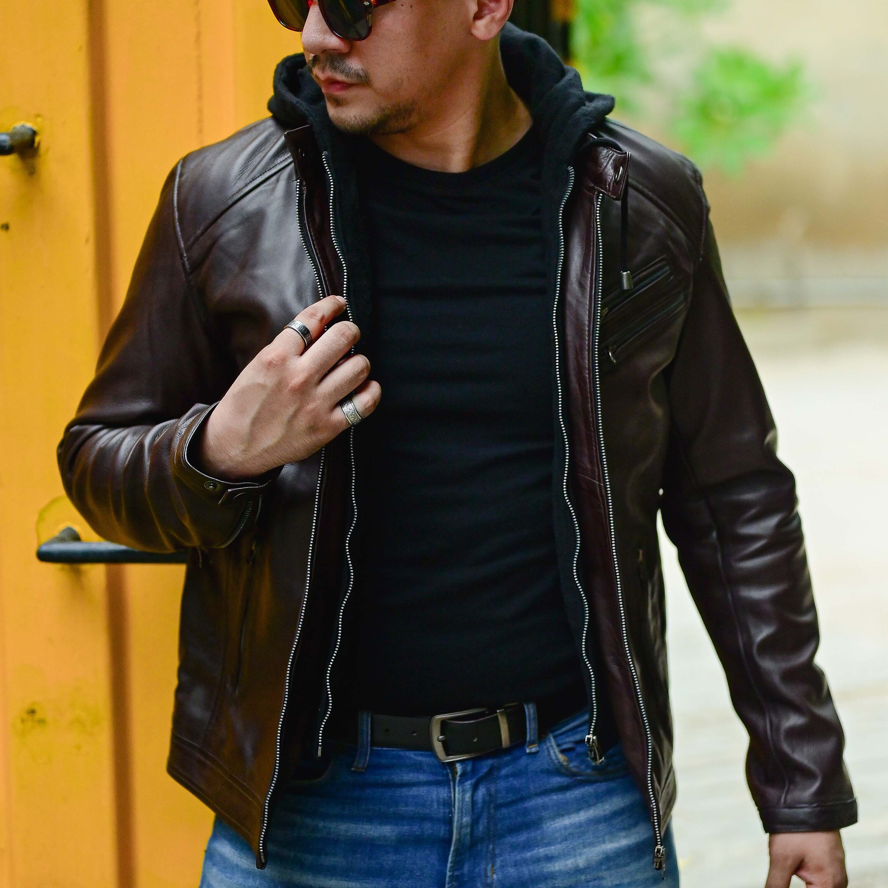 Jild Casual Hooded Vintage Leather Jacket Men with Removable Hood