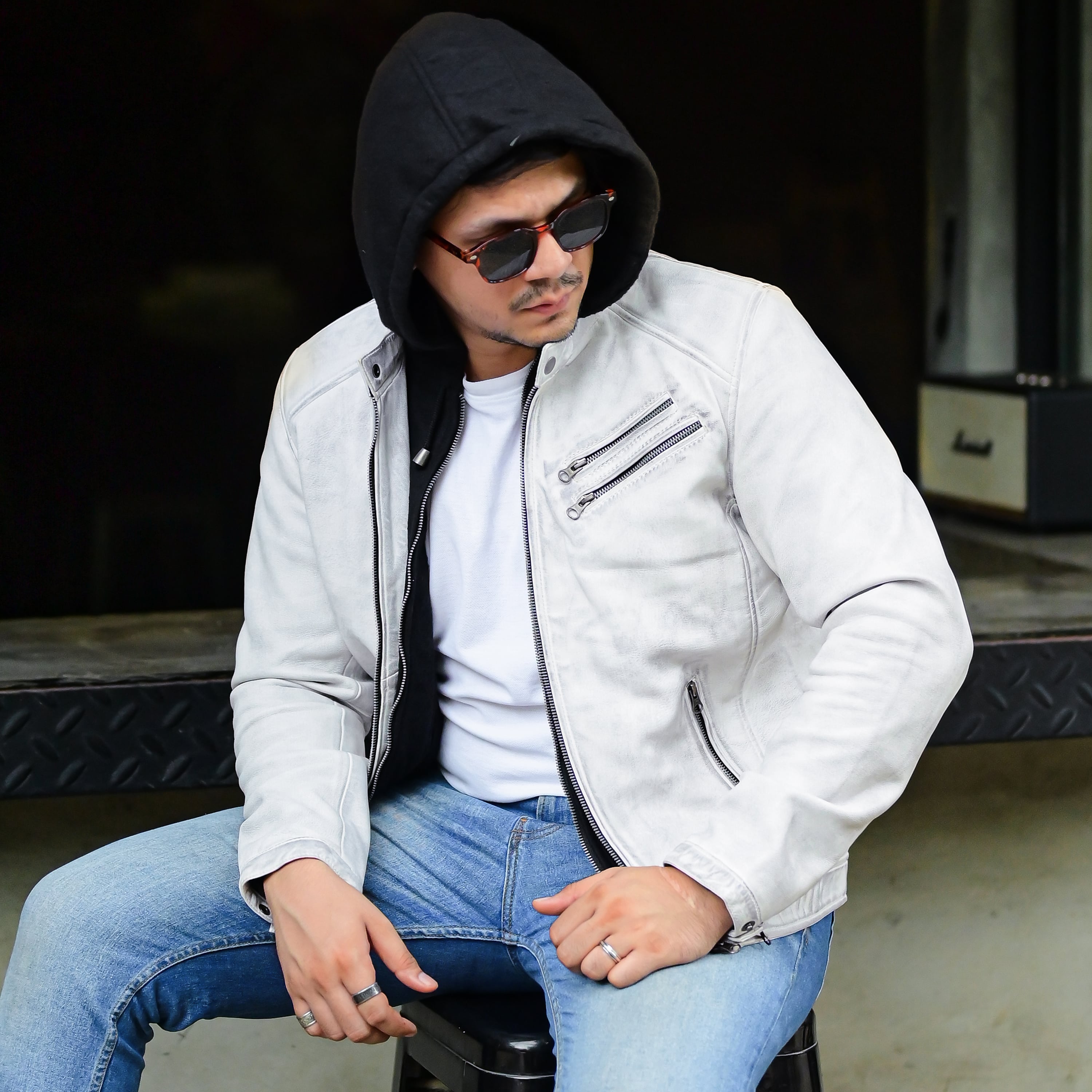 Jild Casual Hooded Vintage Leather Jacket Men with Removable Hood