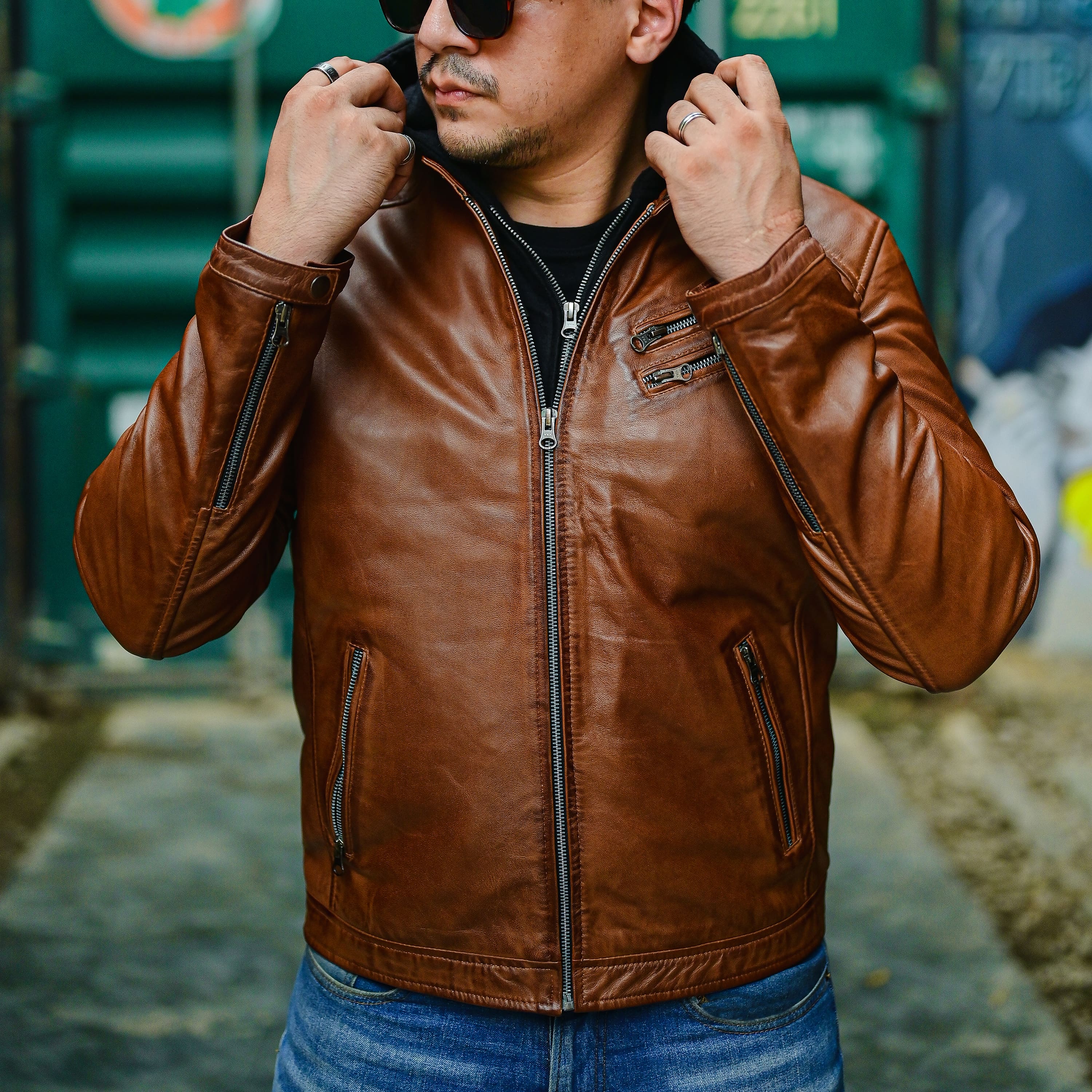 Jild Casual Hooded Vintage Leather Jacket Men with Removable Hood
