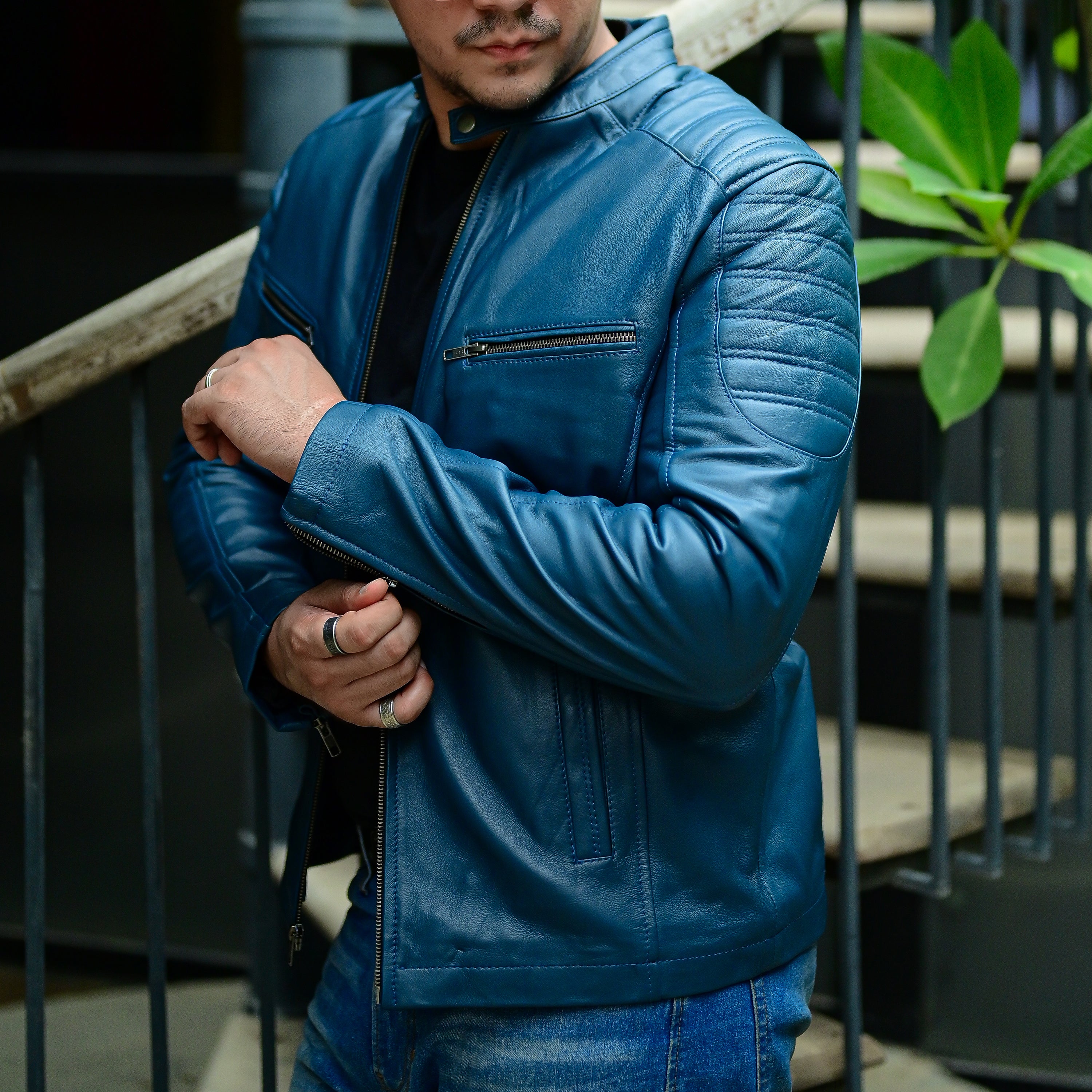 Cafe Racer Leather Jacket for Men – Classic Navy Blue