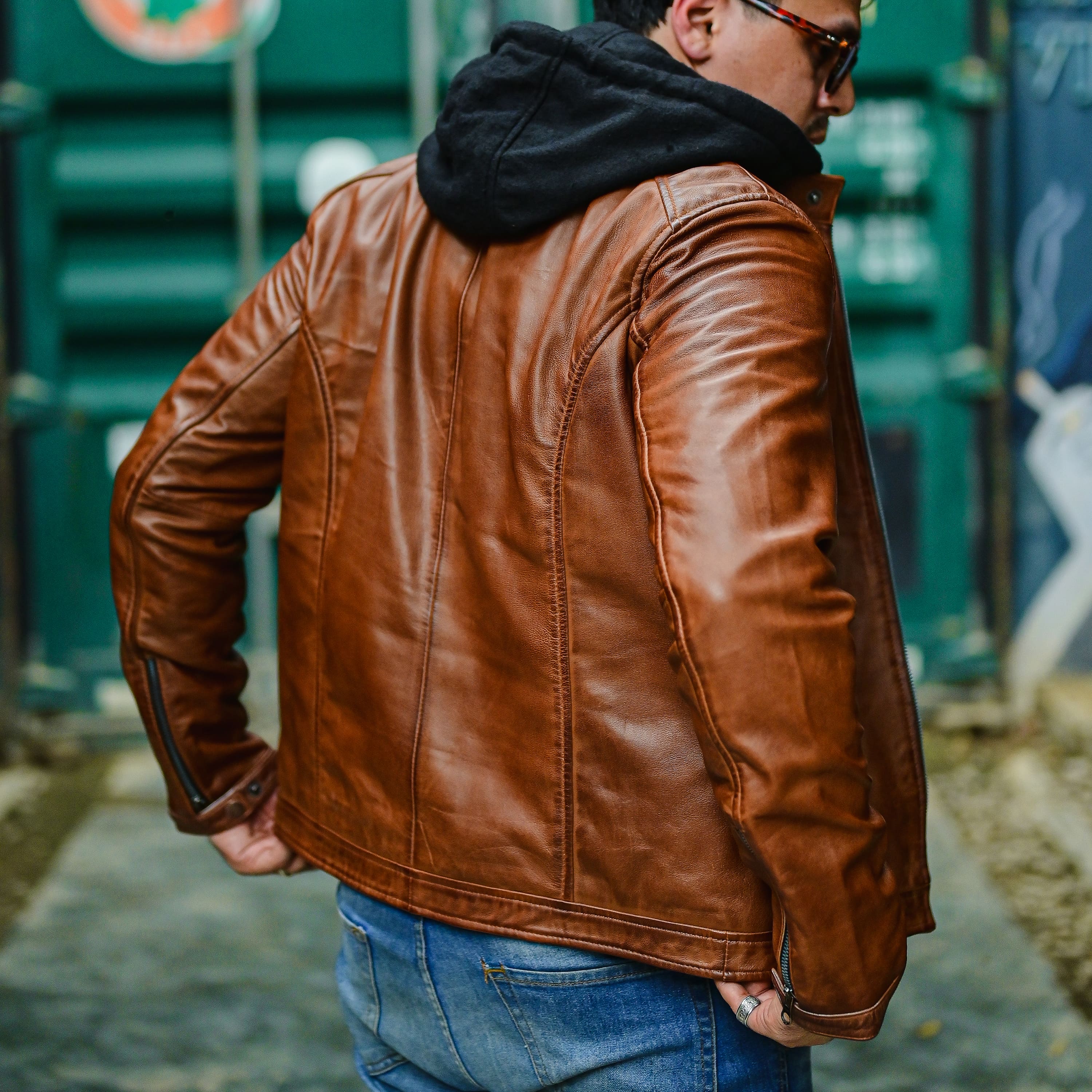 Jild Casual Hooded Vintage Leather Jacket Men with Removable Hood