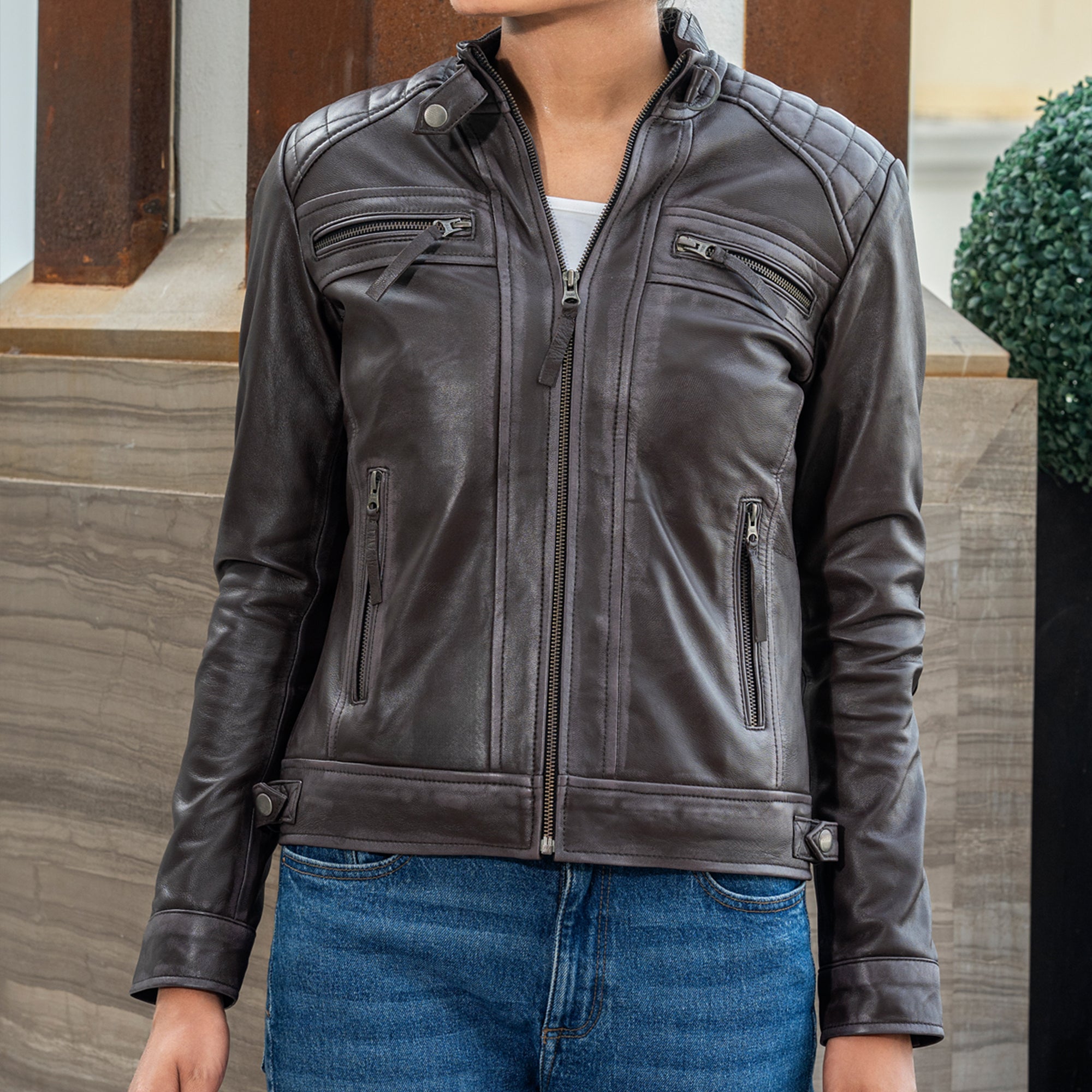 Women’s Quilted Lambskin Leather Jacket Cafe Racer Style