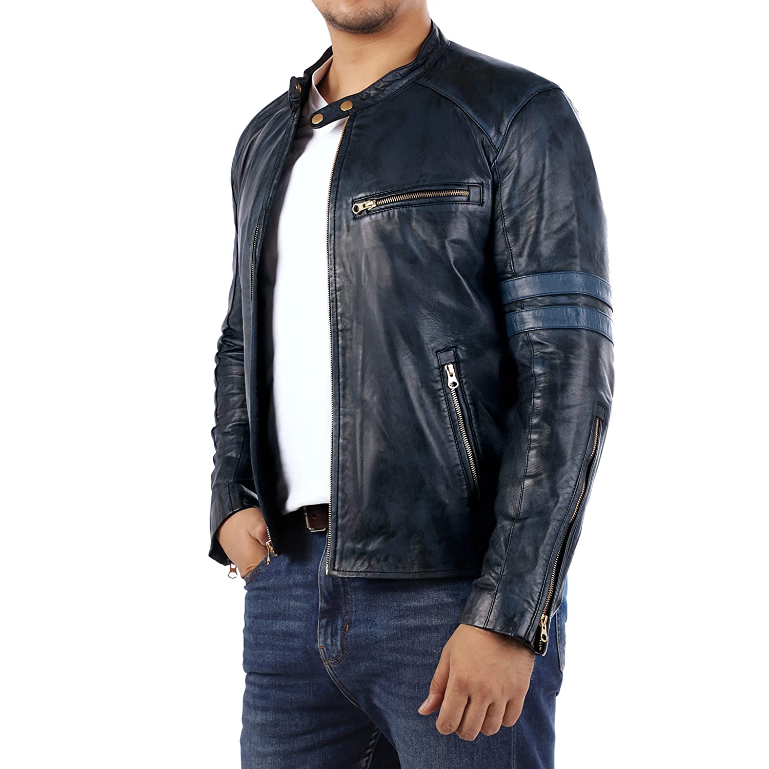 Mens Vintage Blue Black Cafe Racer Leather Jacket