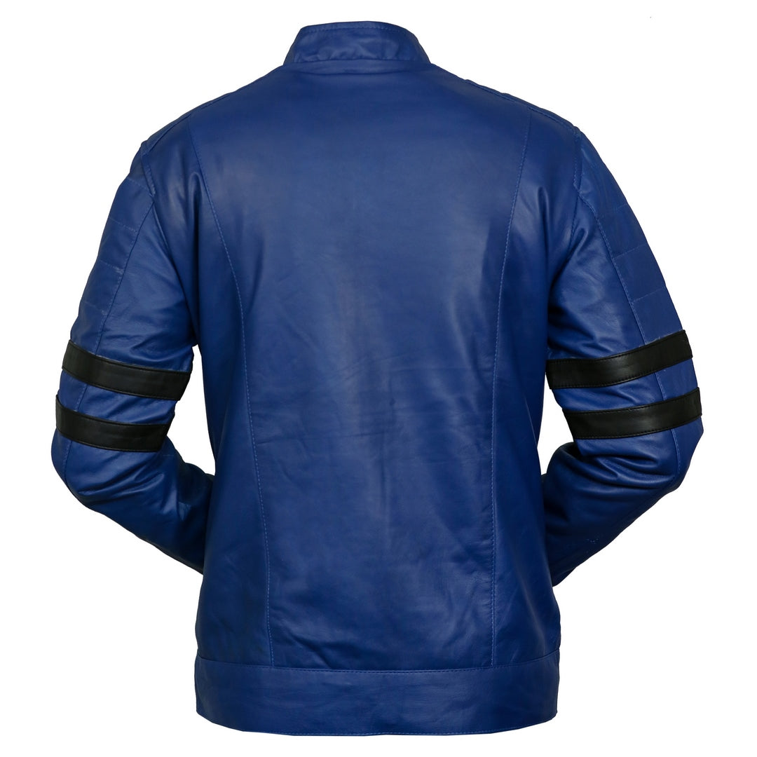 Blue Racing Biker Leather Jacket Black Stripes