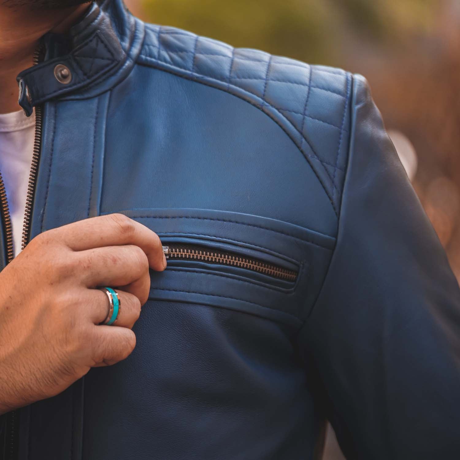 Mens Diamond Style Cafe Racer Blue Leather Jacket