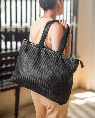 Handmade Woven Original Leather Bag With Zipper-Black