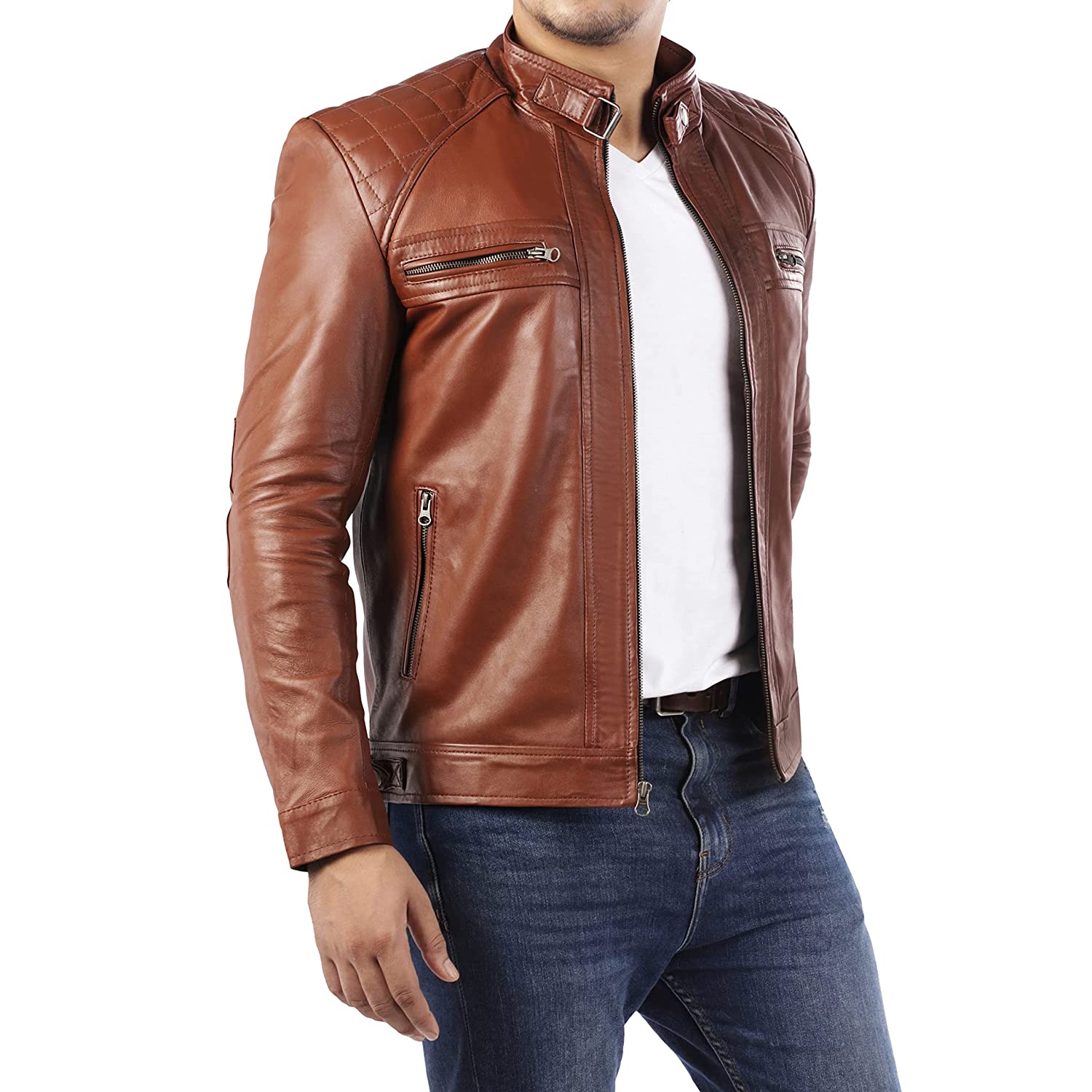 Mens Diamond Style Cafe Racer Tan Leather Jacket
