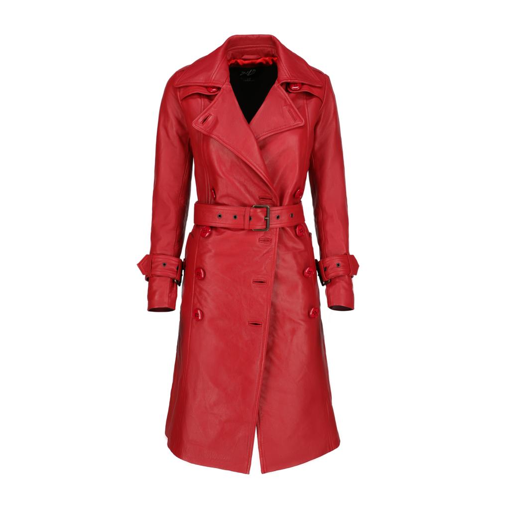 Women S Double Breasted Red Leather Trench Coat